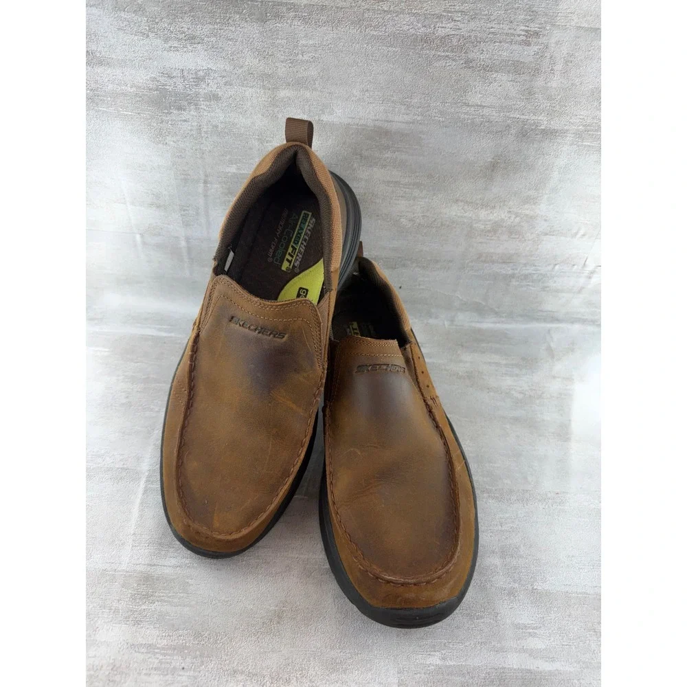 Skechers Relaxed Fit 66146 Brown Leather Slip On Loafers Men Sz 9.5 Goga Mat